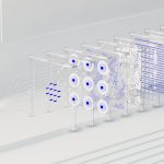 Representação abstrata de redes neurais e fluxos de dados associados à inteligência artificial.