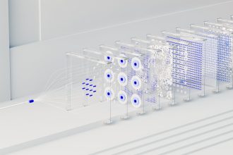 Representação abstrata de redes neurais e fluxos de dados associados à inteligência artificial.