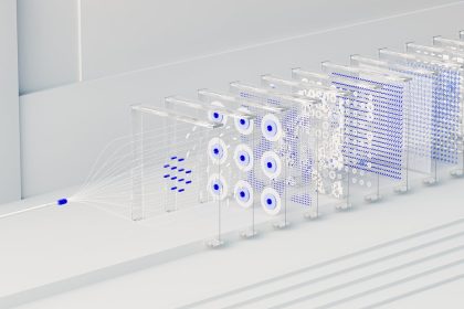 Representação abstrata de redes neurais e fluxos de dados associados à inteligência artificial.