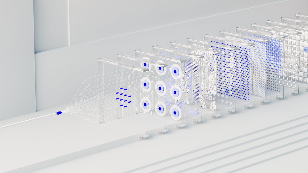Representação abstrata de redes neurais e fluxos de dados associados à inteligência artificial.